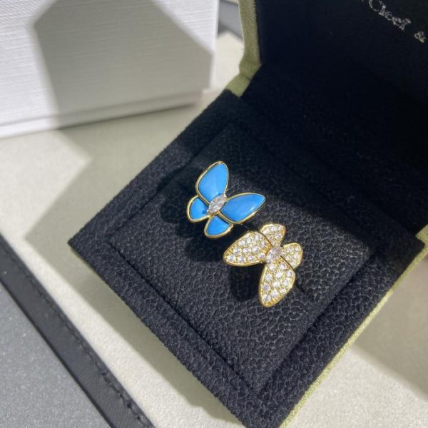 replica,repliche,fake,1:1,earrings,bracelet,ring,jewelry [Versione superiore] VCAVan Cleef & Arpels Anello con punta delle dita con due farfalle con farfalla turchese