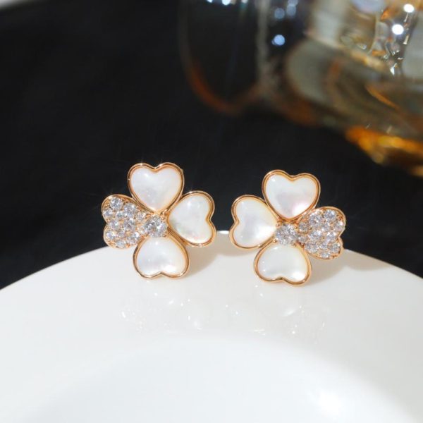 replica,repliche,fake,1:1,earrings,bracelet,ring,jewelry [Versione Premium] Orecchini a cuore delle quattro stagioni di Van Cleef & Arpels in oro rosa e madreperla