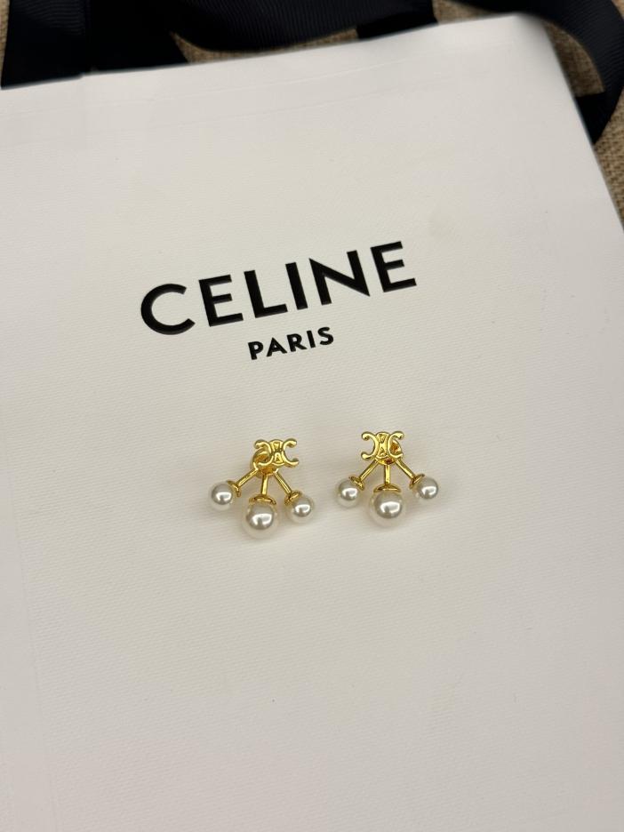 replica,repliche,fake,1:1,earrings,bracelet,ring,jewelry Orecchini Celine a tre griffe con perle Arc de Triomphe in oro nuovo