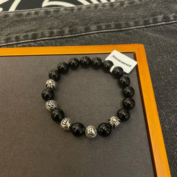 replica,repliche,fake,1:1,earrings,bracelet,ring,jewelry Bracciale con croce di perline di onice nero con cuori cromati