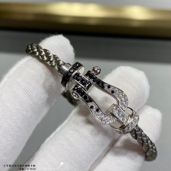 replica,repliche,fake,1:1,earrings,bracelet,ring,jewelry Fred grande bracciale in corda d’acciaio con fibbia a ferro di cavallo con diamanti bianchi e neri