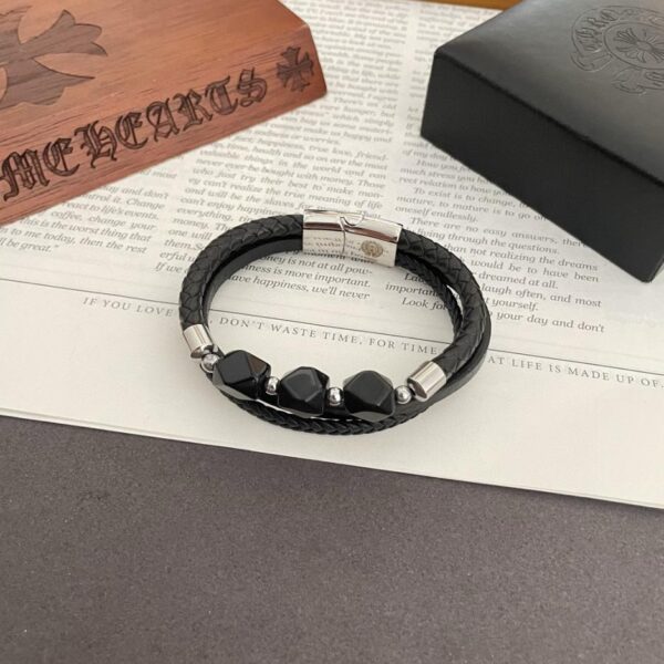 replica,repliche,fake,1:1,earrings,bracelet,ring,jewelry [Controqualità] Nuovo braccialetto con cordoncino in pelle di onice nero e cuori cromati (F203)