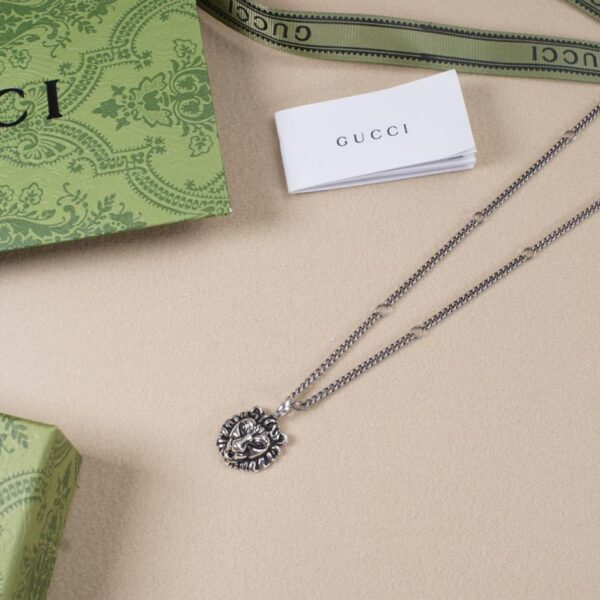 replica,repliche,fake,1:1,earrings,bracelet,ring,jewelry [Argento sterling 925 all-over] Collana Gucci con testa di leone realizzata in argento sterling vintage invecchiato (499C)