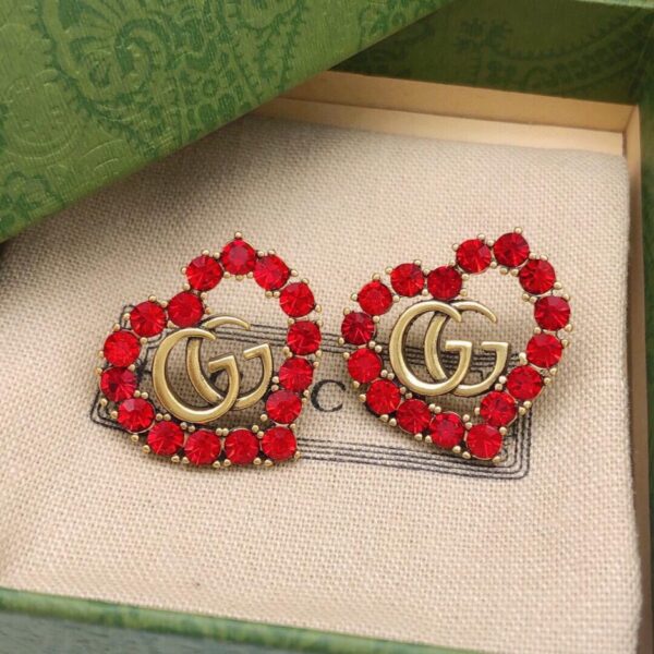 replica,repliche,fake,1:1,earrings,bracelet,ring,jewelry Gucci nuovi orecchini love con diamanti rossi doppia G (3D24)