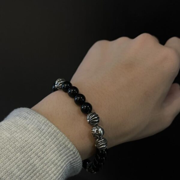 replica,repliche,fake,1:1,earrings,bracelet,ring,jewelry Bracciale in ossidiana con 8 perline in argento con cuori cromati