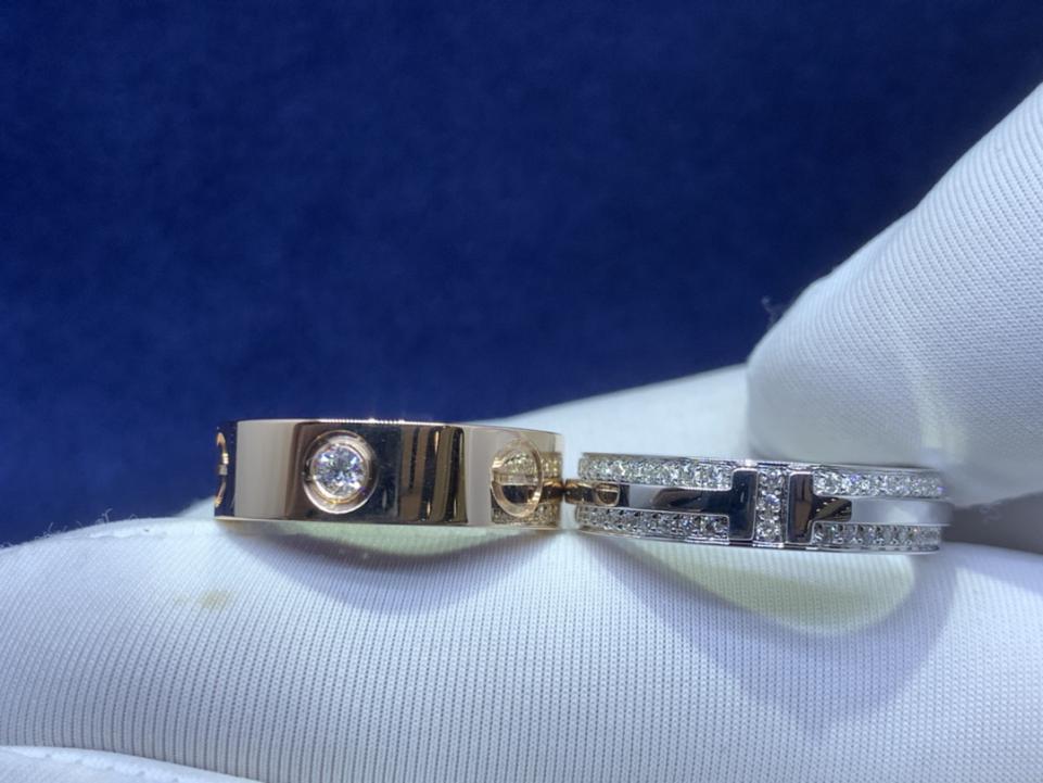 replica,repliche,fake,1:1,earrings,bracelet,ring,jewelry Anello LOVE con tre diamanti Cartier, anello a doppia T con diamante pieno tiffany, vero oro 18k e veri diamanti, squisita fattura (D584)