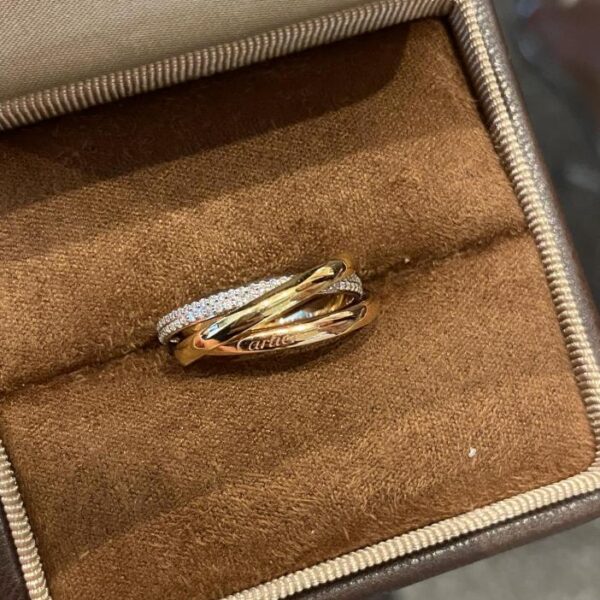 replica,repliche,fake,1:1,earrings,bracelet,ring,jewelry Anello tricolore Cartier a tre anelli in oro vero 18 carati e diamanti (BA12)