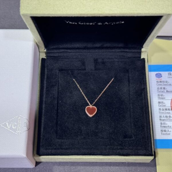 replica,repliche,fake,1:1,earrings,bracelet,ring,jewelry Foto reali della consegna, oro 18 carati personalizzato, vero oro e diamanti, pendente Sweet Hearts di Van Cleef & Arpels, collana d’amore con corniola, oro rosa (E47E)