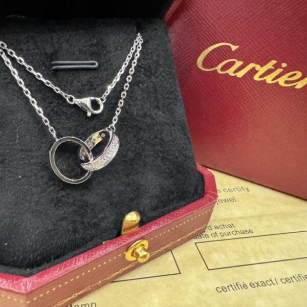 replica,repliche,fake,1:1,earrings,bracelet,ring,jewelry Consegna effettiva, oro 18 carati personalizzato, oro vero e diamanti veri, fibbia a doppio anello serie LOVE Cartier con collana di diamanti, oro bianco 18 carati (64C3)