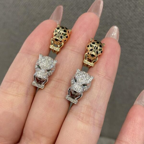 replica,repliche,fake,1:1,earrings,bracelet,ring,jewelry Fermaorecchie leopardato che morde gli anelli, oro vero 18k, occhi con veri diamanti, mezzo diamante, diamante intero (9D5B)
