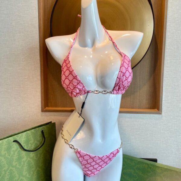 replica,repliche,fake,1:1,earrings,bracelet,ring,jewelry Nuovo costume da bagno bikini Gucci ~ Set di due pezzi di reggiseno con catena a canotta stampata con lettera doppia G e slip