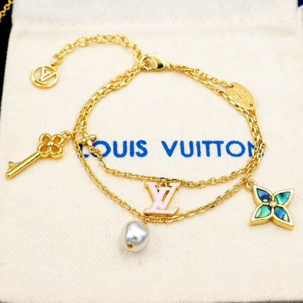 replica,repliche,fake,1:1,earrings,bracelet,ring,jewelry Bracciale doppio strato LV Louis Vuitton LV con lettera in smalto rosa e chiave in abalone (EQK3S)