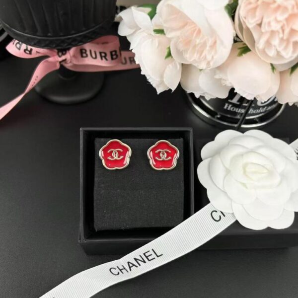 Orecchini Chanel Vintage Camellia Double C in smalto rosso (X28VC)