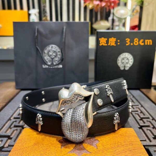 replica,repliche,fake,1:1,earrings,bracelet,ring,jewelry Cintura Chrome Hearts con linguetta tempestata di diamanti, pelle di vacchetta cerata originale e fibbia in ottone con placcatura in argento 925 (SIUQZ)