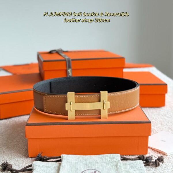 replica,repliche,fake,1:1,earrings,bracelet,ring,jewelry Cintura da uomo Hermes JUMPING (0JBT1) con finiture di alta qualità e pelle Epsom importata in nero e marrone dorato, larghezza 38 mm
