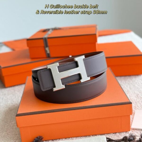 replica,repliche,fake,1:1,earrings,bracelet,ring,jewelry Cintura da uomo Hermes Guillochee con dettagli in pelle di vitello opaca bifacciale importata, larghezza 38 mm (5QB84)