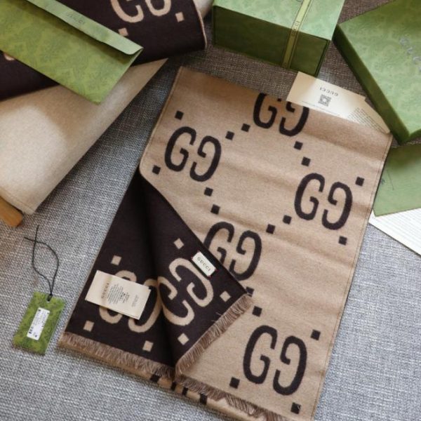 Sciarpa Gucci Original Large G marrone, seta e lana double-face ad alta torsione (3FZ5B)