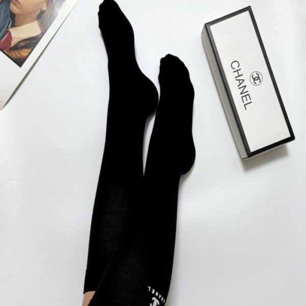 replica,repliche,fake,1:1,earrings,bracelet,ring,jewelry [Un paio per scatola] Calzini lunghi fino al ginocchio in puro cotone con logo Chanel Classic Double C (SASJB)