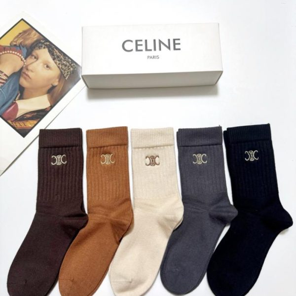 replica,repliche,fake,1:1,earrings,bracelet,ring,jewelry 【5 paia per scatola】 Calzini a metà polpaccio in misto cashmere con logo ricamato Celine Classic (3I3JH)