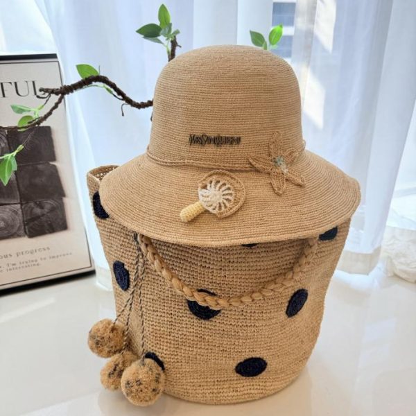 replica,repliche,fake,1:1,earrings,bracelet,ring,jewelry Cappello YSL in paglia a tesa larga, in rafia finissima con decorazione 3D incrociata a mano (7CIH61)