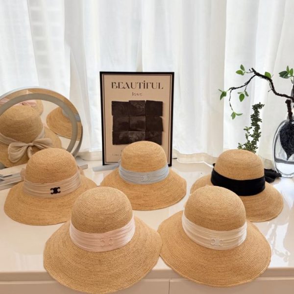 replica,repliche,fake,1:1,earrings,bracelet,ring,jewelry Cappello a tesa larga in rafia intrecciata a mano CELINE (0FOIRU)