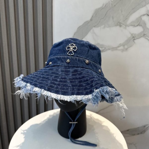 replica,repliche,fake,1:1,earrings,bracelet,ring,jewelry Cappello a secchiello Chrome Hearts in morbido denim con bordi sfrangiati (G3Y1LO)