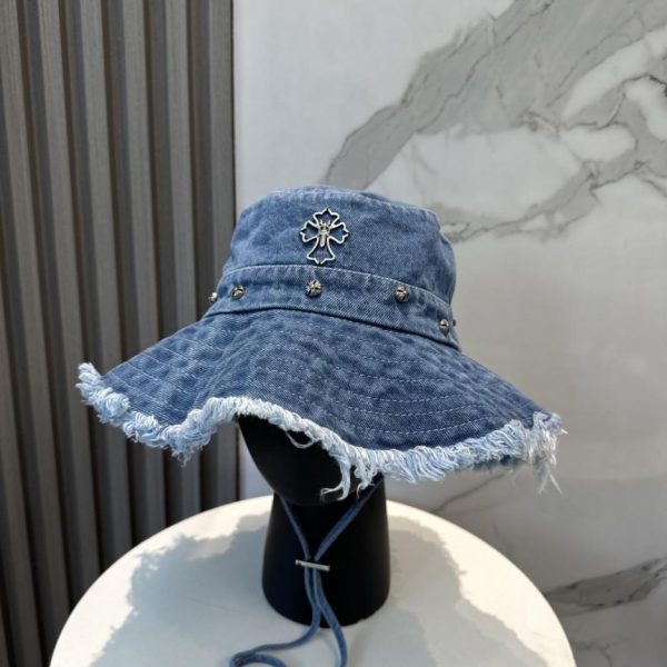 replica,repliche,fake,1:1,earrings,bracelet,ring,jewelry Cappello a secchiello Chrome Hearts in morbido denim con bordi sfrangiati (IO5H03)