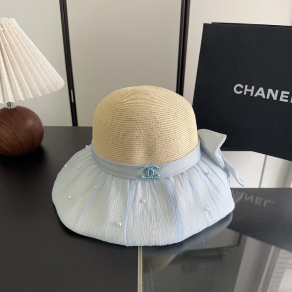 replica,repliche,fake,1:1,earrings,bracelet,ring,jewelry Cappello di paglia intrecciata premium Chanel con fiocco e motivo patchwork (50RKK7)